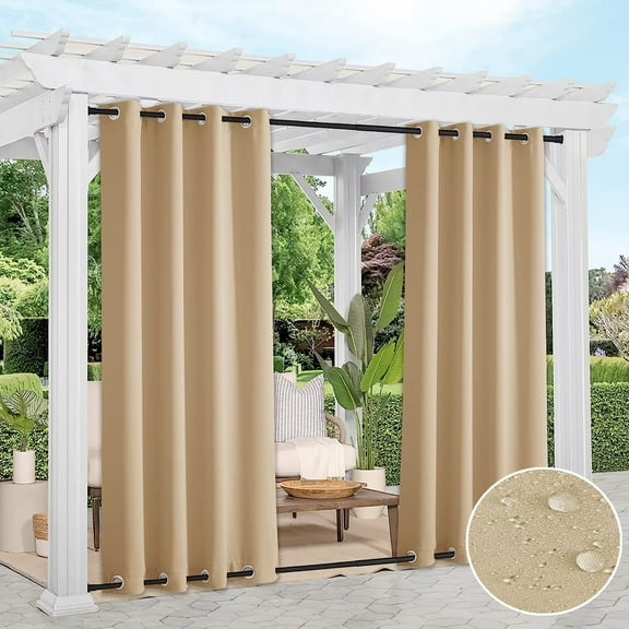 TOPCHANCES 1 Panel Outdoor Curtains for Patio, Waterproof Blackout Outside Curtains with Top and Bottom Grommet, Windproof UV Resistant Drapes for Porch, Pergola, 52 x 108 inch, Beige