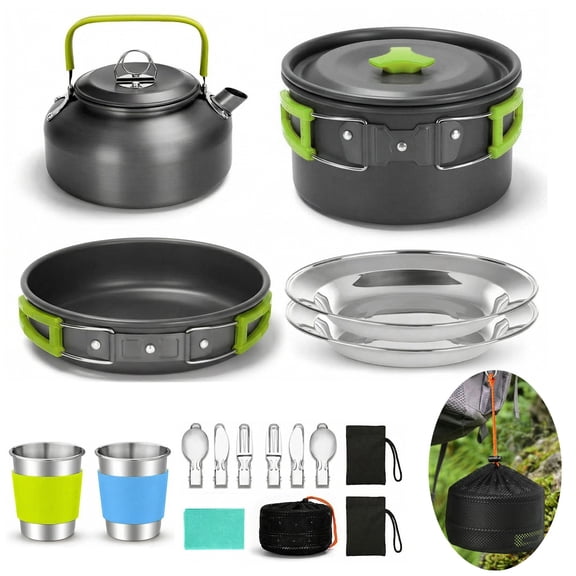 TOPCHANCES 15pcs Camping Cookware Kit, Non-Stick Pot Pan Kettle Set with Stainless Steel Cups Plates Forks Knives Spoons for Outdoor Camping Backpacking Cooking and Picnic (Green)