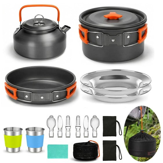TOPCHANCES 15pcs Camping Cookware Kit, Non-Stick Pot Pan Kettle Set with Stainless Steel Cups Plates Forks Knives Spoons for Outdoor Camping Backpacking Cooking and Picnic (Orange)