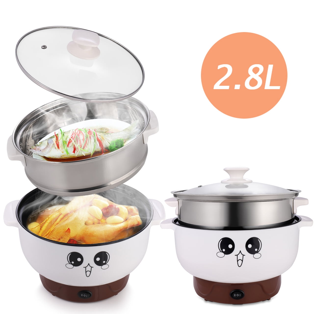 TOPCHANCES 2.8L Multifunction Electric Cooker Skillet Wok Electric Hot Pot  For Cook Rice Fried Noodles Stew Soup Steamed Fish Boiled Egg Small  Non-stick with Lid (2.8L, with Steamer) 