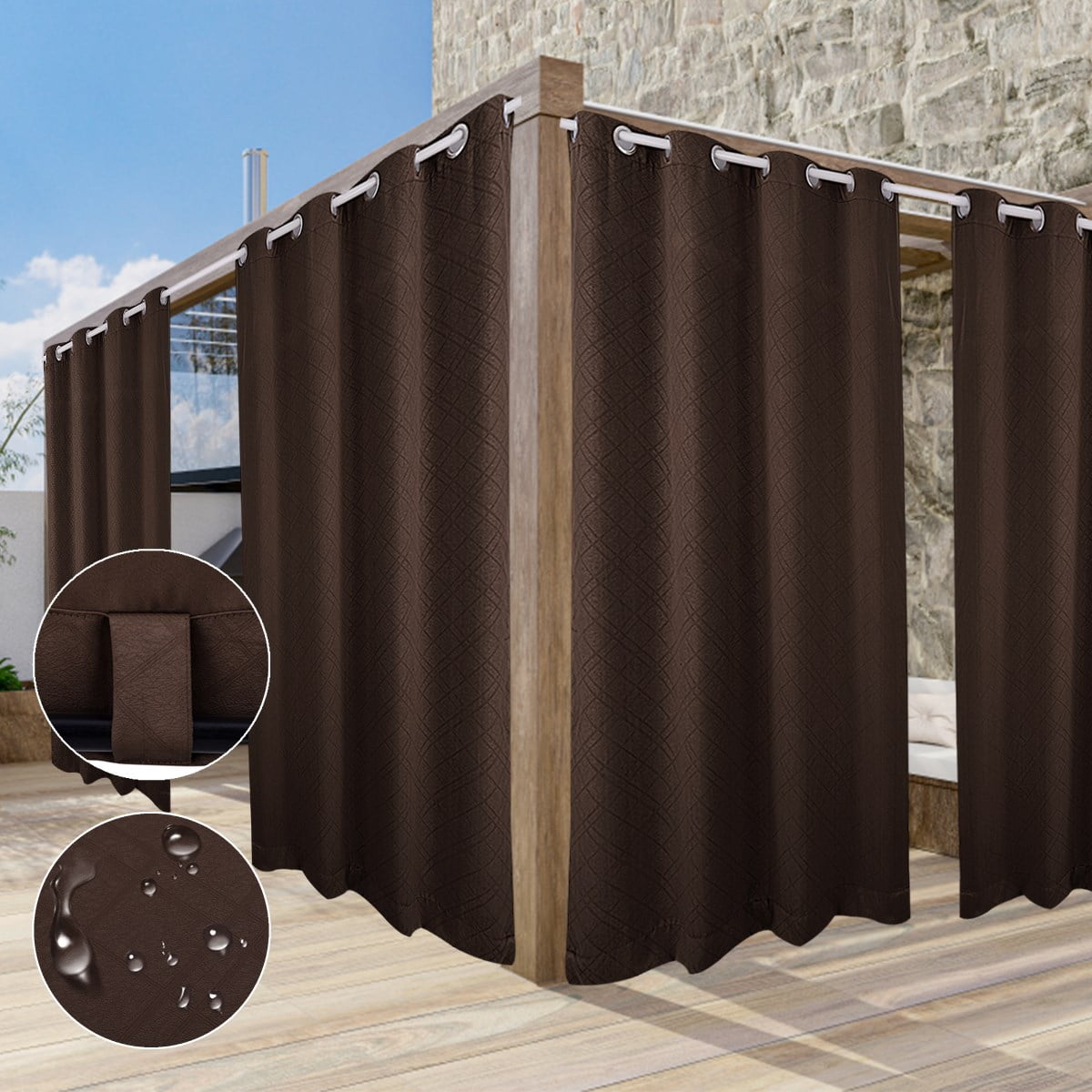TOPCHANCES 2 Panels Outdoor Curtains for Patio, Waterproof Blackout Outside Curtains with Grommet Top and Tab Bottom, Windproof UV Resistant Drapes for Porch, Pergola, 52 x 84 inch, Brown #2