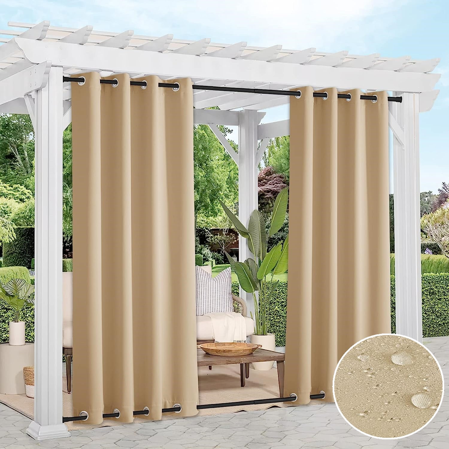 TOPCHANCES 2 Panels Outdoor Curtains for Patio, Waterproof Blackout Outside Curtains with Top and Bottom Grommet, Windproof UV Resistant Drapes for Porch, Pergola, 52 x 108 inch, Beige