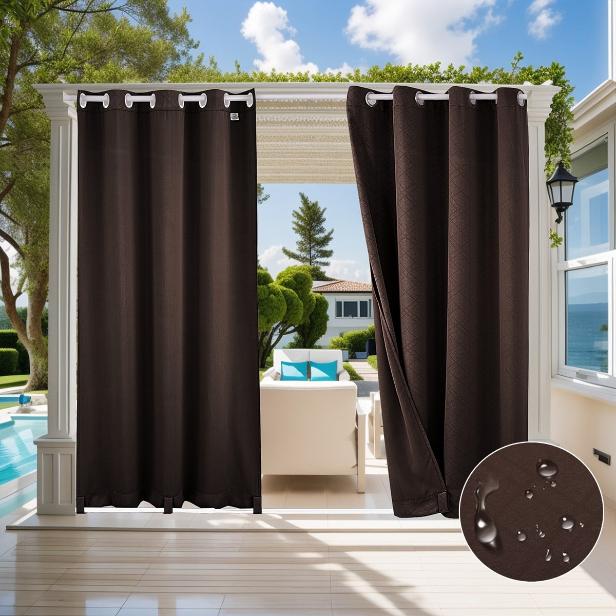 TOPCHANCES 2 Panels Outdoor Curtains for Patio, Waterproof Weatherproof Privacy Curtains 3D Embossed Pattern, Thermal Insulated Grommet Top and Tab Bottom Drapes, W52in x L84in