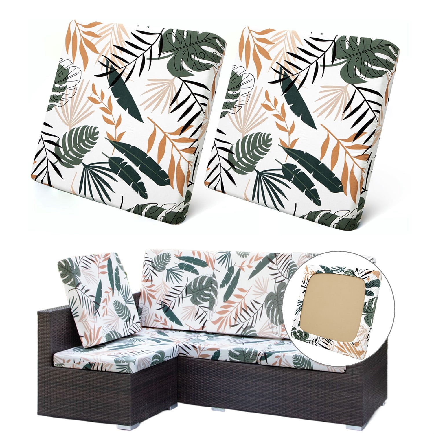TOPCHANCES 2 Pcs Patio Stretch Sofa Cushion Covers Outdoor Cushion Covers Replacement with Elastic Bottom, Couch Slipcover Sofa Seat Covers Patio Furniture Protector, Coconut Forest