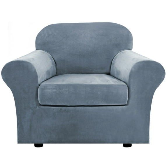 TOPCHANCES 2-Piece Velvet Plush High Stretch Sofa Cover Slipcover, With Separate Cushion Covers (Light Blue, Armchair/1-Seater)