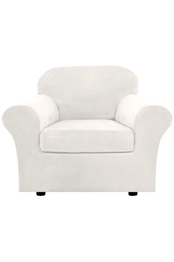 2-Piece Velvet Plush High Stretch Sofa Cover Slipcover, With Separate Cushion Covers (White, Armchair/1-Seater)