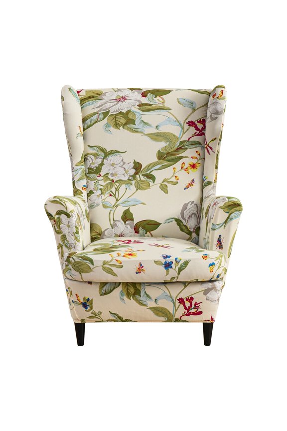 2-Piece Wingback Chair Cover, Stretch Armchair Slipcover Wing Chair Sofa Covers, Beige Floral