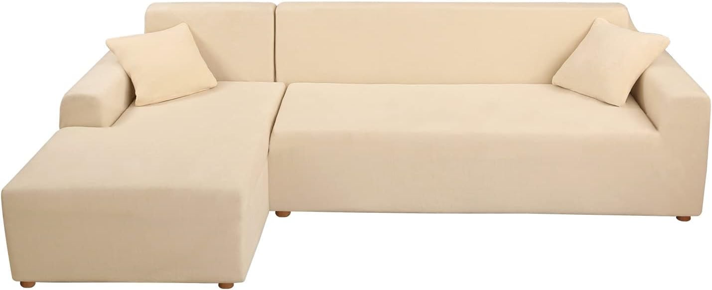 TOPCHANCES 2-Pieces L-Shaped Sectional Sofa Covers, Thicken Velvet Sofa Couch Slipcovers for 3 Seats+3 Seats Corner Couch (Beige)