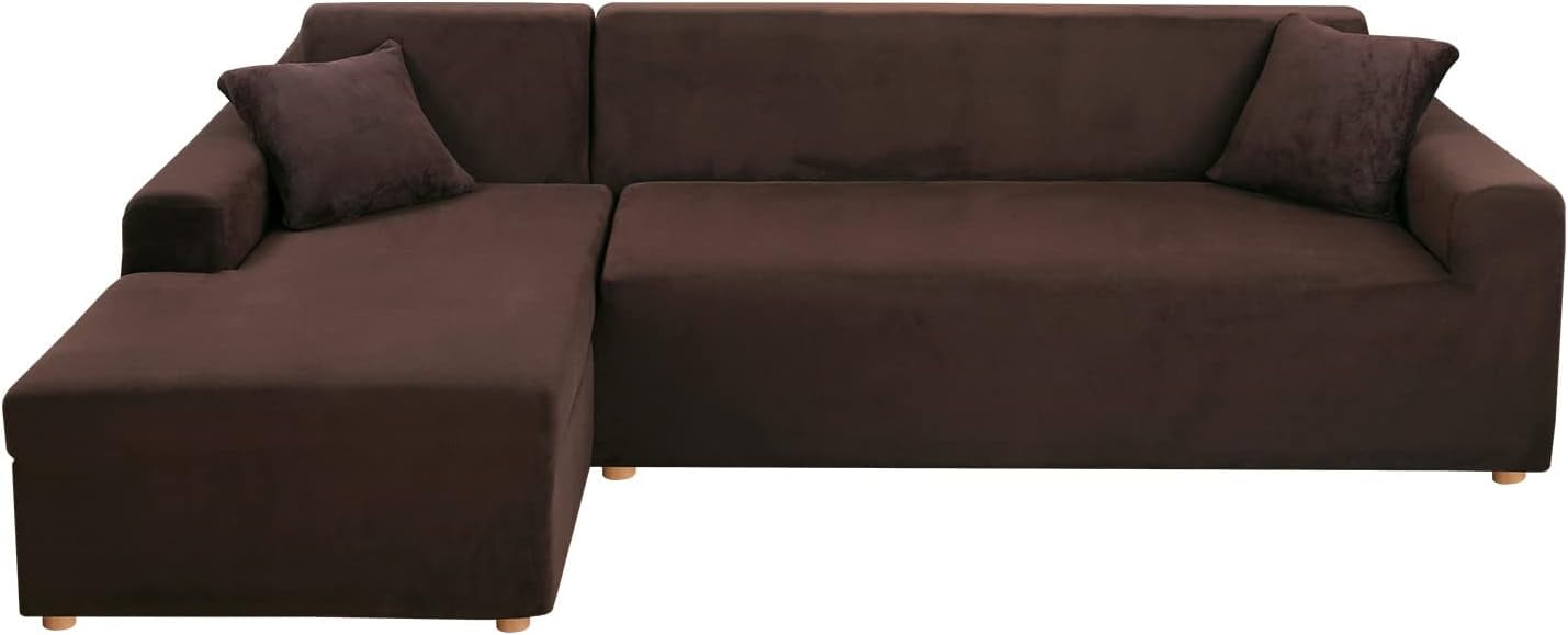 TOPCHANCES 2-Pieces L-Shaped Sectional Sofa Covers, Thicken Velvet Sofa Couch Slipcovers for 3 Seats+3 Seats Corner Couch (Brown)