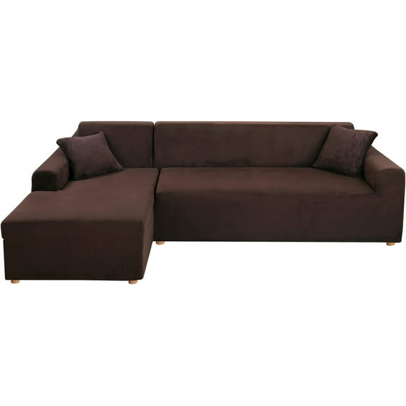 TOPCHANCES 2-Pieces L-Shaped Sectional Sofa Covers, Thicken Velvet Sofa Couch Slipcovers for 3 Seats+3 Seats Corner Couch (Brown)