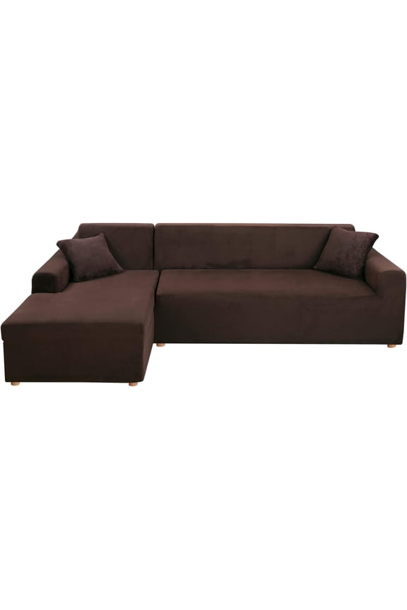 2-Pieces L-Shaped Sectional Sofa Covers, Thicken Velvet Sofa Couch Slipcovers for 3 Seats+3 Seats Corner Couch (Brown)