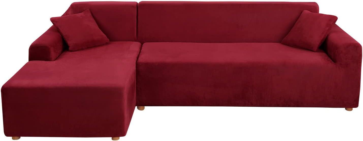 TOPCHANCES 2-Pieces L-Shaped Sectional Sofa Covers, Thicken Velvet Sofa Couch Slipcovers for 3 Seats+3 Seats Corner Couch (Burgundy)