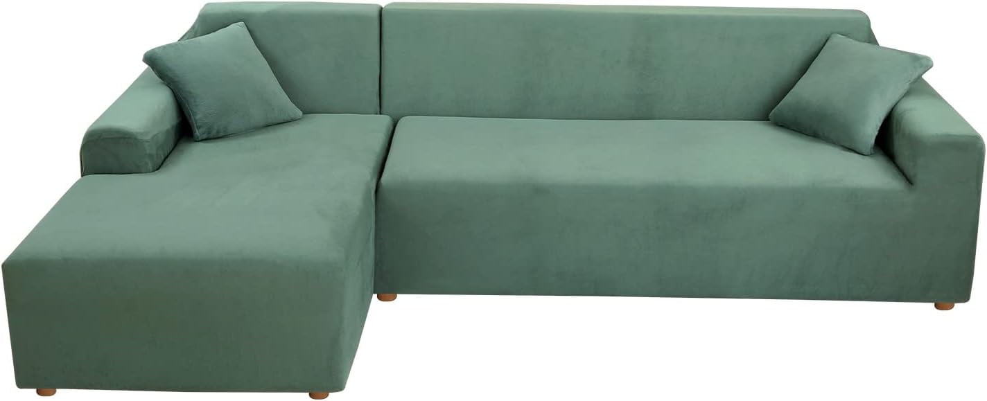 TOPCHANCES 2-Pieces L-Shaped Sectional Sofa Covers, Thicken Velvet Sofa Couch Slipcovers for 3 Seats+3 Seats Corner Couch (Green)
