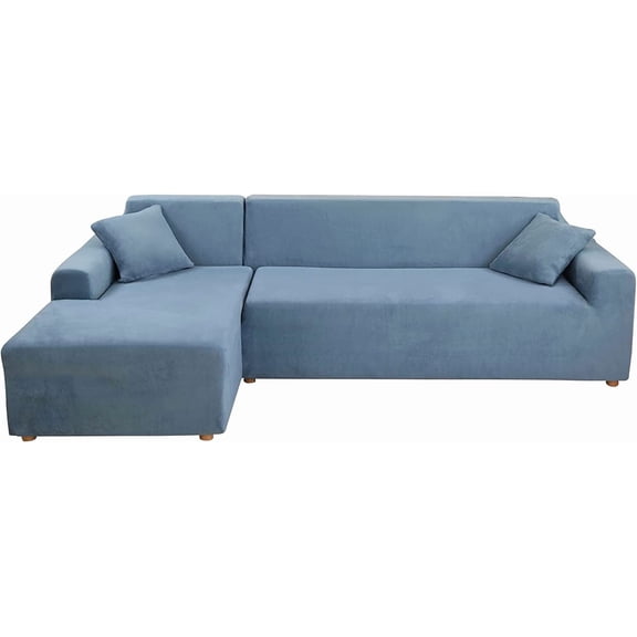 TOPCHANCES 2-Pieces L-Shaped Sectional Sofa Covers, Thicken Velvet Sofa Couch Slipcovers for 3 Seats+3 Seats Corner Couch (Grey Blue)