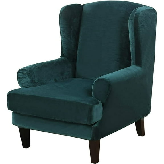 TOPCHANCES 2-Pieces Velvet Wingback Chair Covers, Stretch Wing Chair Sofa Slipcover, Armchair Cover, Furniture Protector (Flange Green)