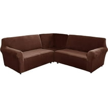 TOPCHANCES 3-Piece L Shape Sofa Slipcover, Sectional Couch Cover with a Middle Console, 5 Seat Velvet Corner Sofa Cover, Brown