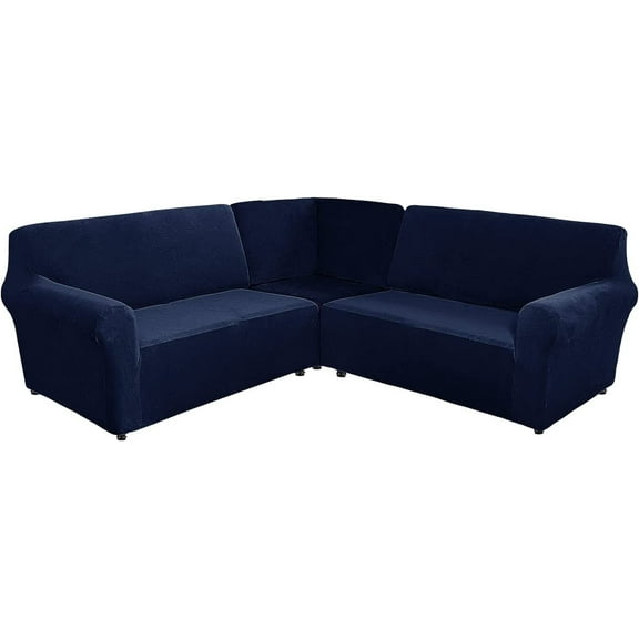 TOPCHANCES 3-Piece L Shape Sofa Slipcover, Sectional Couch Cover with a Middle Console, 5 Seat Velvet Corner Sofa Cover, Navy Blue