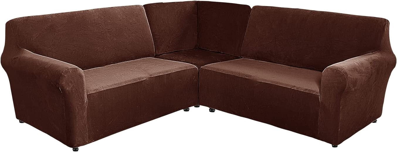 TOPCHANCES 3-Piece Velvet Recliner Sofa Covers, 7 Seat L-Shaped Corner Sofa Covers, Stretch Sectional Couch Slipcover ( Dark Brown )