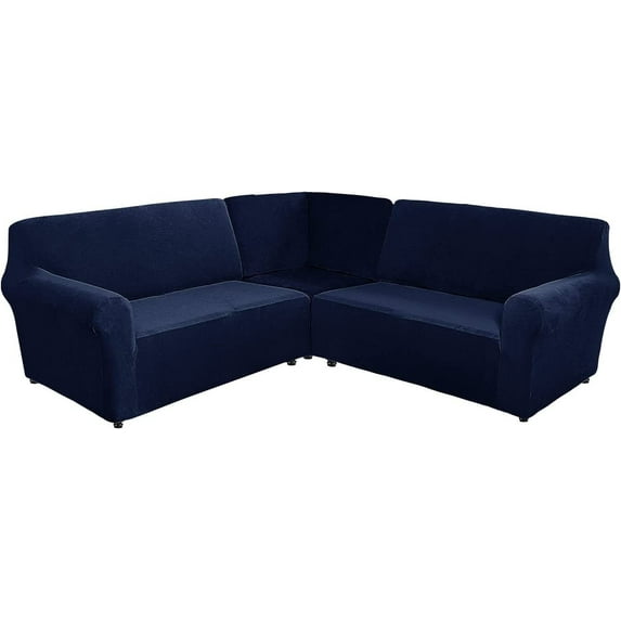 Topchances Stretch Fabric 3-Piece Velvet L Shape Sofa Slipcover, Navy Blue