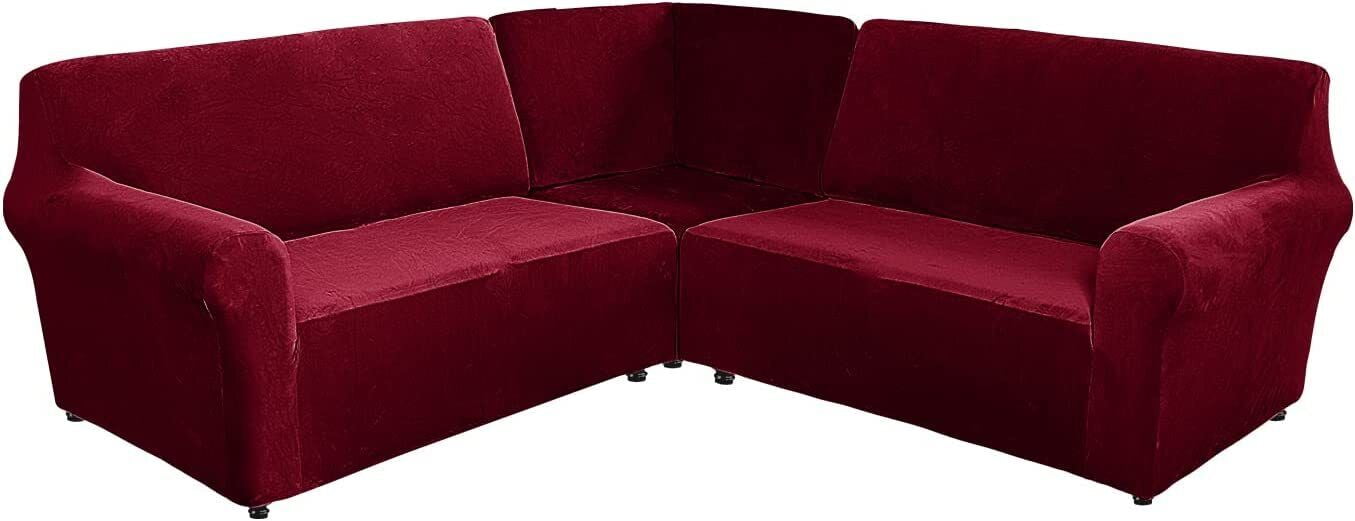 TOPCHANCES 3-Piece Velvet Recliner Sofa Covers, 7 Seat L-Shaped Corner Sofa Covers, Stretch Sectional Couch Slipcover ( Wine Red )