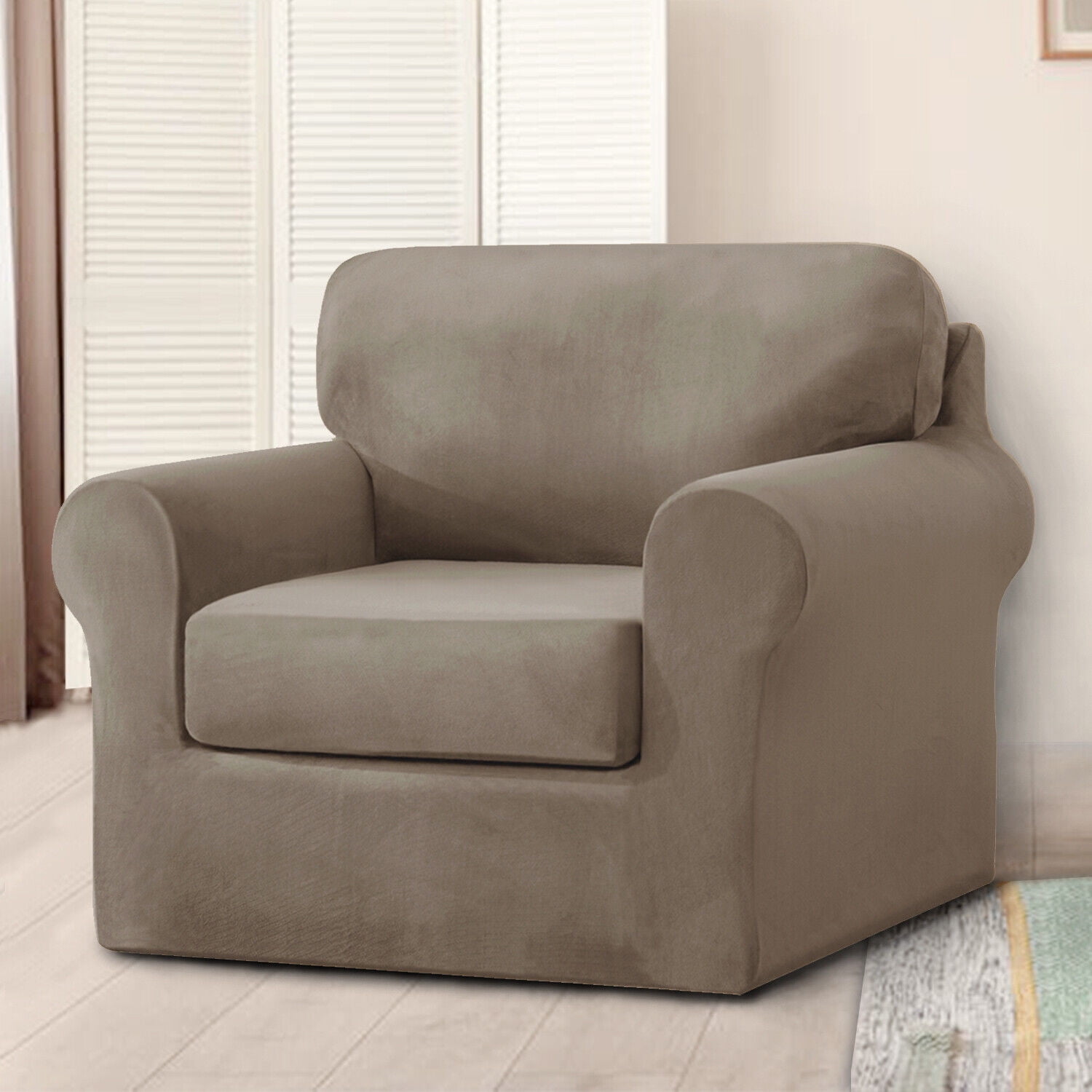 TOPCHANCES 3-Pieces Armchair Sofa Covers, Velvet Stretch Couch Slipcovers for 1 Cushion Sofa, Anti-Slip Furniture Slipcover with Separate Cushion Covers and Backrest Covers (Taupe)