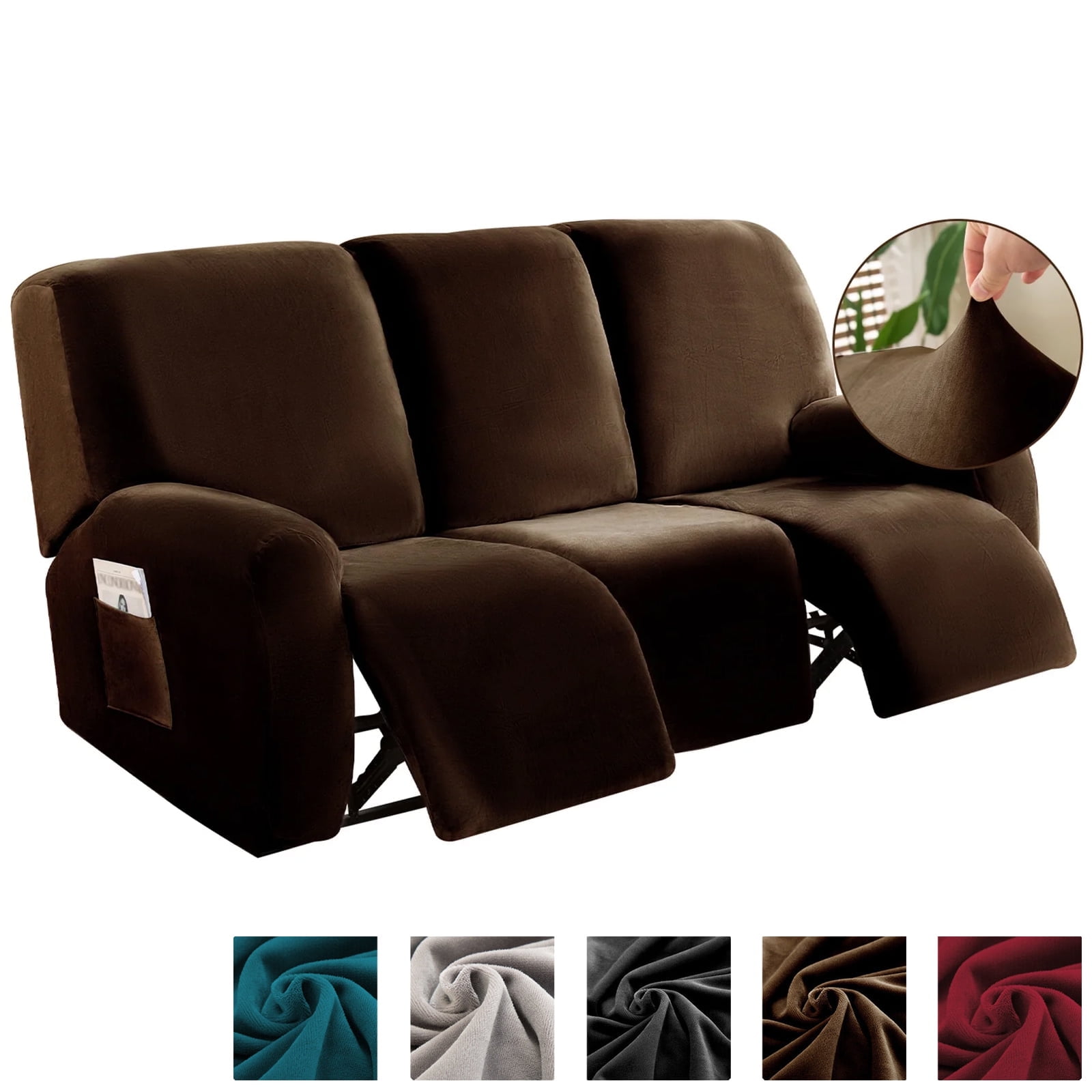TOPCHANCES 3 Seats Recliner Sofa Slipcover, 8 Pieces Recliner Cover with Side Pocket, Non-Slip 3 Cushion Couch Cover Furniture Protector, Coffee