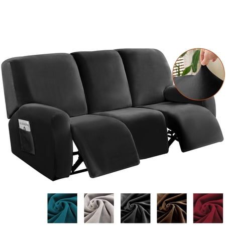 TOPCHANCES 3 Seats Recliner Sofa Slipcover, 8 Pieces Recliner Cover with Side Pocket, Non-Slip 3 Cushion Couch Cover Furniture Protector, Dark Grey