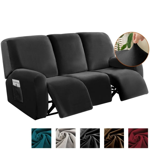 TOPCHANCES 3 Seats Recliner Sofa Slipcover, 8 Pieces Recliner Cover with Side Pocket, Non-Slip 3 Cushion Couch Cover Furniture Protector, Dark Grey