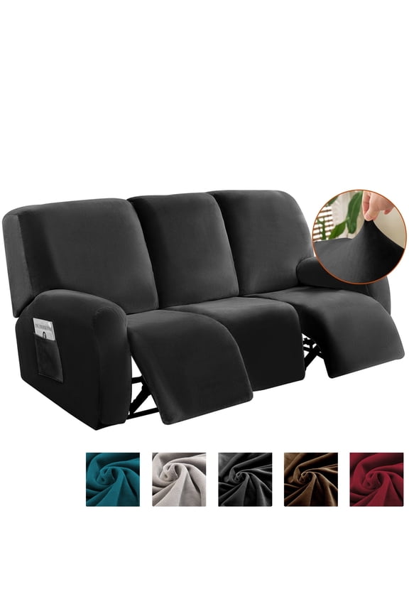 3 Seats Recliner Sofa Slipcover, 8 Pieces Recliner Cover with Side Pocket, Non-Slip 3 Cushion Couch Cover Furniture Protector, Dark Grey
