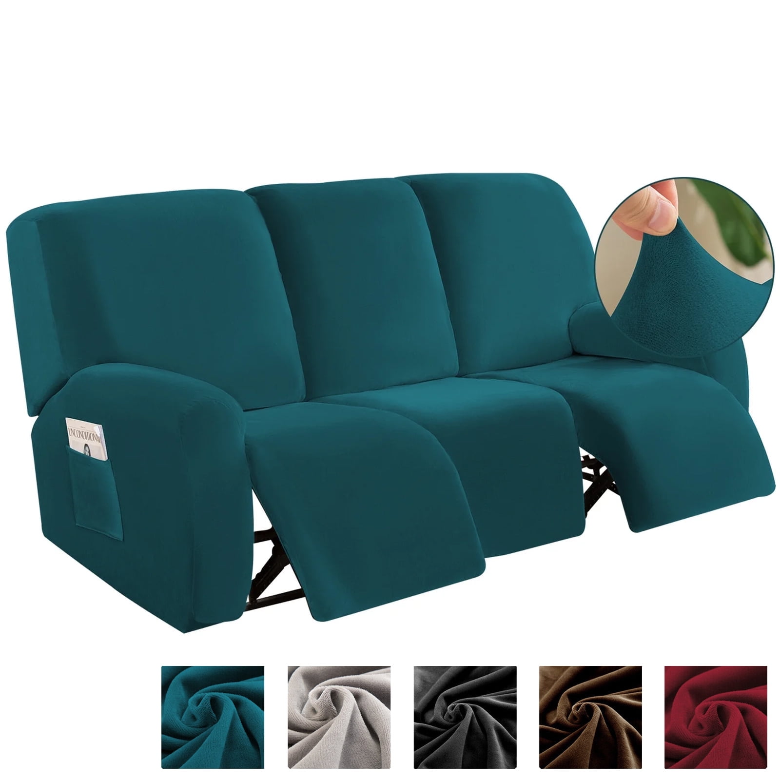TOPCHANCES 3 Seats Recliner Sofa Slipcover, 8 Pieces Recliner Cover with Side Pocket, Non-Slip 3 Cushion Couch Cover Furniture Protector, Green