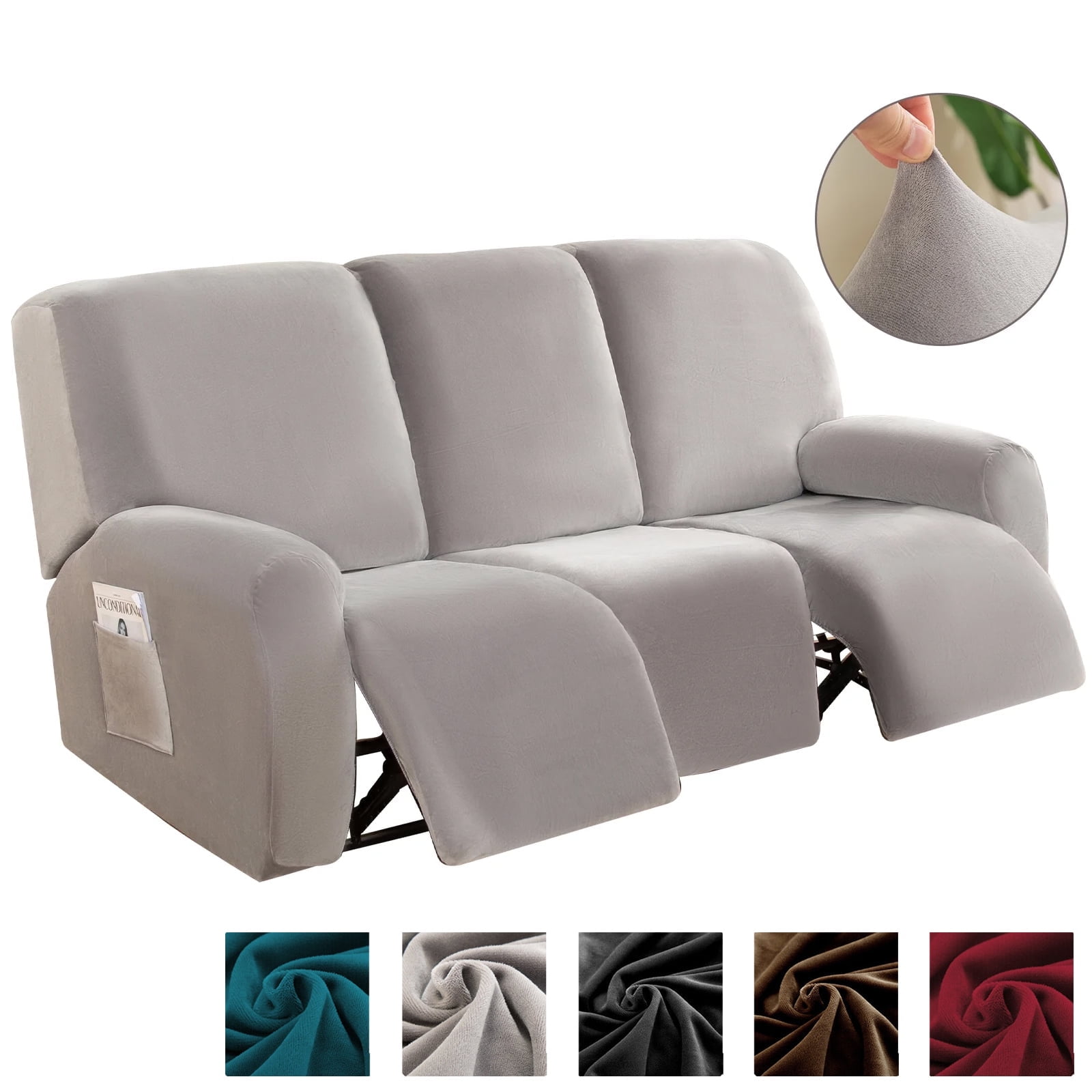 TOPCHANCES 3 Seats Recliner Sofa Slipcover, 8 Pieces Recliner Cover with Side Pocket, Non-Slip 3 Cushion Couch Cover Furniture Protector, Silver Gray