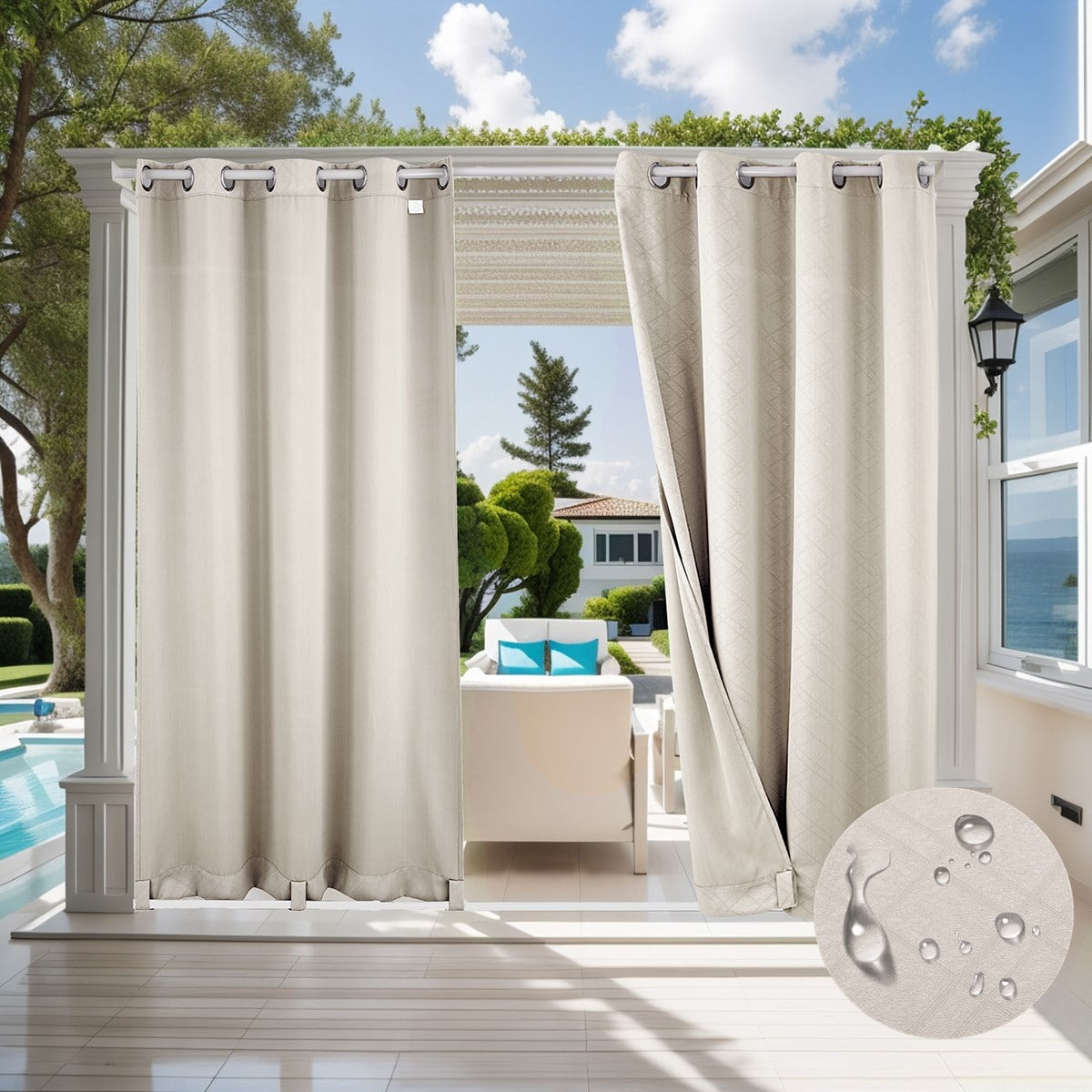 TOPCHANCES 4 Panels Outdoor Curtains for Patio, Waterproof Weatherproof Privacy Curtains 3D Embossed Pattern, Thermal Insulated Grommet Top and Tab Bottom Drapes, W52in x L84in
