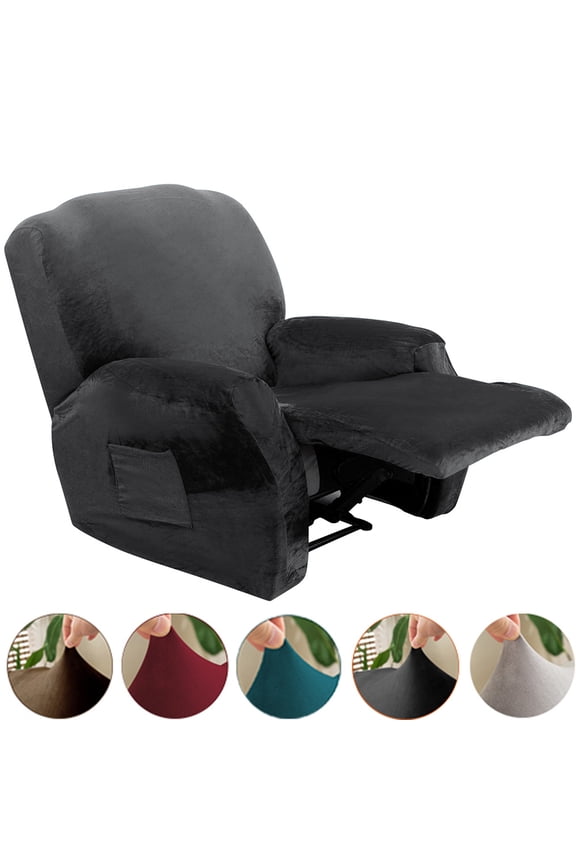 4-piece Velvet Stretch Recliner Chair Slipcover, Non Slip 1-seater Sofa Couch Cover with Side Pocket, Dark Gray