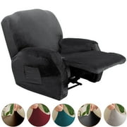 TOPCHANCES 4-piece Velvet Stretch Recliner Chair Slipcover, Non Slip 1-seater Sofa Couch Cover with Side Pocket, Dark Gray