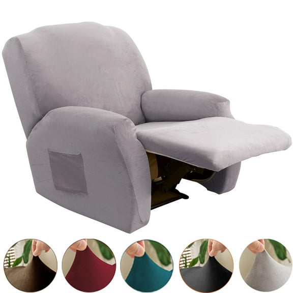TOPCHANCES 4-piece Velvet Stretch Recliner Chair Slipcover, Non Slip 1-seater Sofa Couch Cover with Side Pocket, Silver Gray
