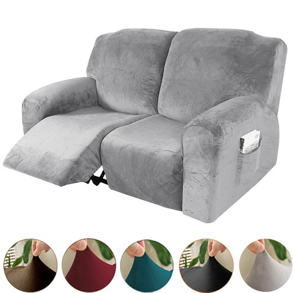 TOPCHANCES 6 Piece Velvet Recliner Cover for 2 Cushion Reclining Loveseat, Stretch Recliner Sofa Slipcover with Side Pocket, Silver Gray