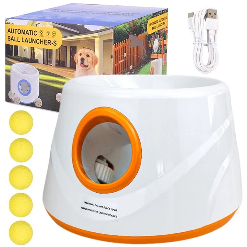 TOPCHANCES Automatic Tennis Ball Launcher for Dogs, Interactive Dog Toys for Samall & Medium Dogs, Dog Ball Thrower with 3 Launching Distance (19/32/45 ft), 5 Balls Included (Orange)