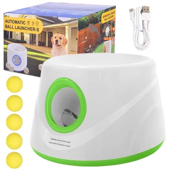 TOPCHANCES Automatic Tennis Ball Launcher for Dogs, Interactive Dog Toys for Samall & Medium Dogs, Dog Ball Thrower with 3 Launching Distance (19/32/45 ft), 5 Balls Included (Green)