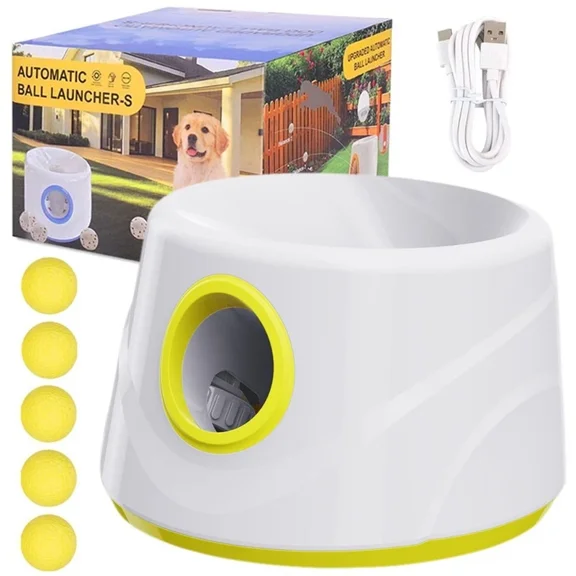 TOPCHANCES Automatic Tennis Ball Launcher for Dogs, Interactive Dog Toys for Samall & Medium Dogs, Dog Ball Thrower with 3 Launching Distance (19/32/45 ft), 5 Balls Included (Yellow)