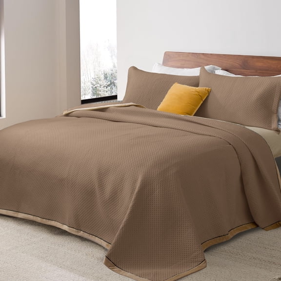TOPCHANCES Bedspread For Queen Size Bed, Soft Milk Velvet Coverlet Set, Elegant Embossed Bed Throw with 2 Pillow Shams, 86" x 95", Light Brown