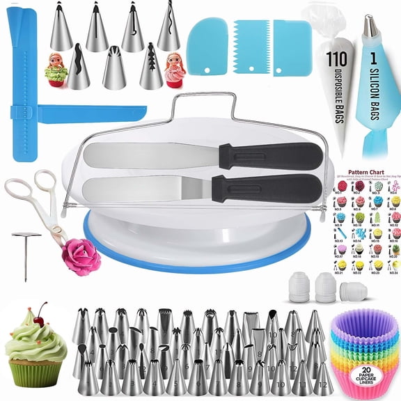 TOPCHANCES Cake Decorating Supplies Kit, 200 Pcs Cake Decorating Kit with 48 Tips Piping & 7 Korean Tips, Cupcake Decorating Kit for Beginners, Cake Baking Supplies with Non-slip Rotating Turntable