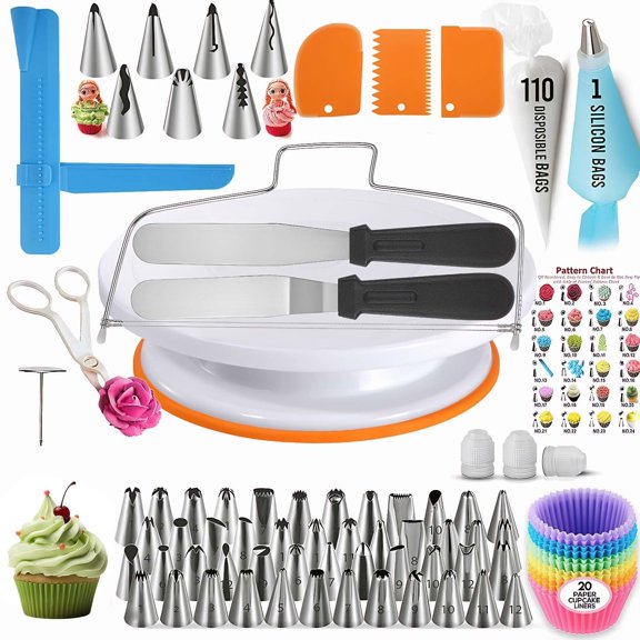 TOPCHANCES Cake Decorating Supplies Kit, 200 Pcs Cake Decorating Kit with 48 Tips Piping & 7 Korean Tips, Cupcake Decorating Kit for Beginners, Cake Baking Supplies with Non-slip Rotating Turntable