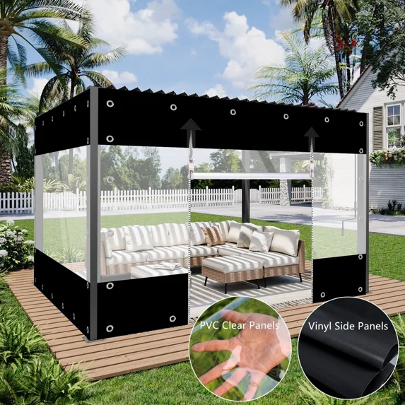 TOPCHANCES Clear Vinyl Curtains with Zipper Entry, Heavy Duty Waterproof PVC Clear Tarp with Grommets, Outdoor Clear Panel Curtain for Porch, Pergola, Gazebo, Patio, Enclosure (8'H x 10'W, Black)