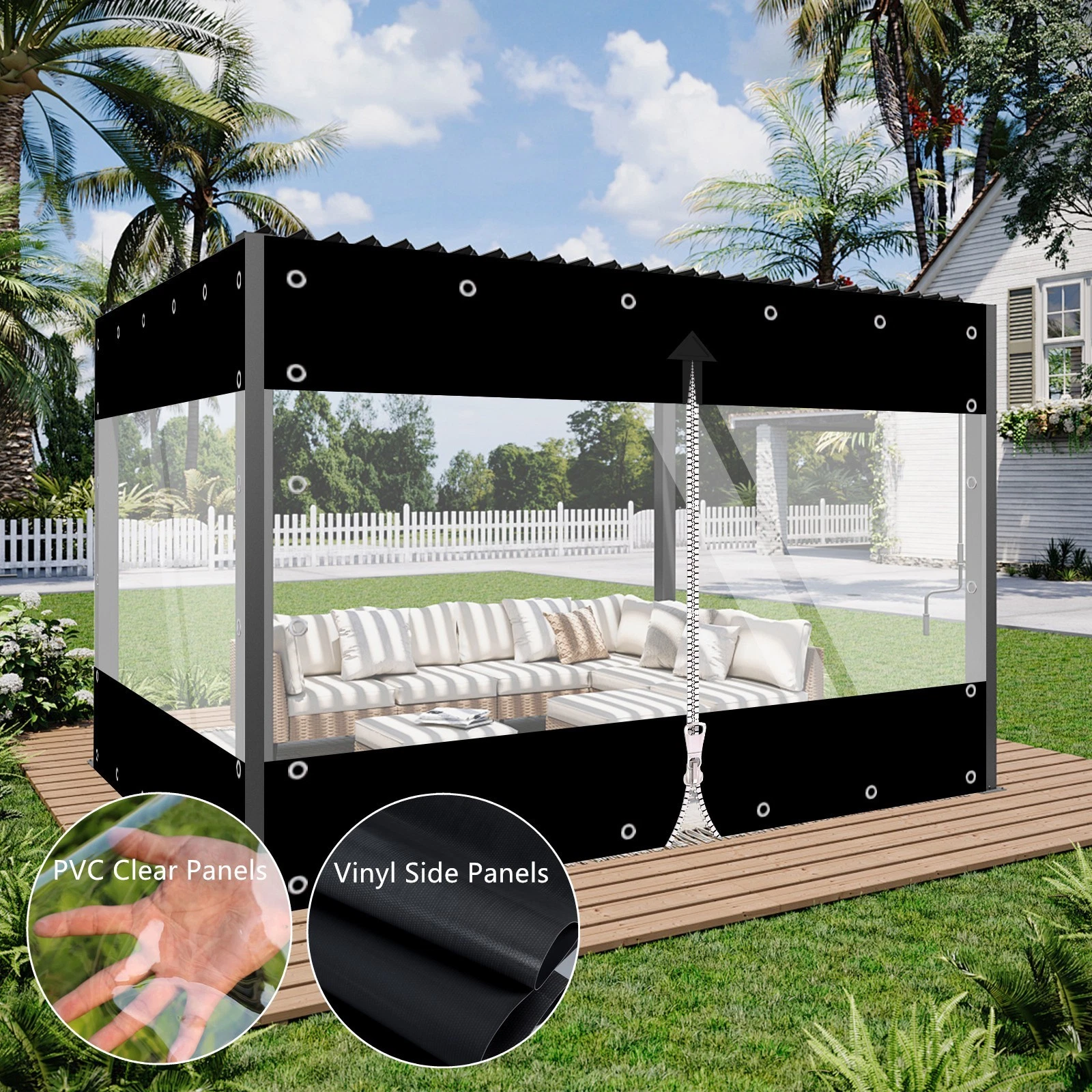 TOPCHANCES Clear Vinyl Curtains with Zipper Entry, Heavy Duty Waterproof PVC Clear Tarp with Grommets, Outdoor Clear Panel Curtain for Porch, Pergola, Gazebo, Patio, Enclosure (7'H x 8'W, Black)
