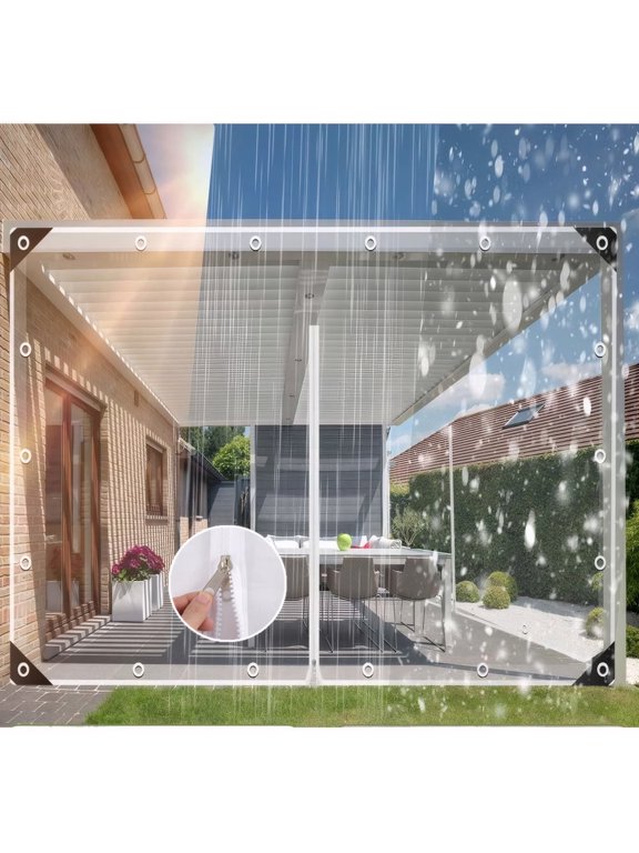 Clear Waterproof Tarp with Zipper Door, Heavy Duty PVC Vinyl Transparent Tarpaulin with Metal Grommets for Gazebo Porch Balcony Pergola (9.8ft x 13.1ft)