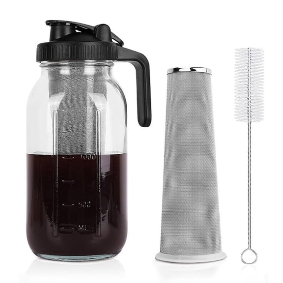 TOPCHANCES Cold Brew Coffee Maker, 64OZ Leak-Proof Glass Cold Brew Pitcher with Stainless Steel Filter, Pour Spout Handle Lid & Cleaning Brush (Black)