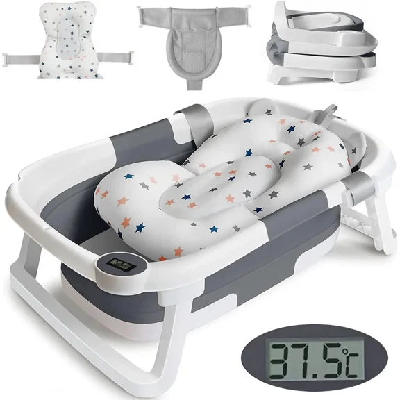 TOPCHANCES Collapsible Baby Bathtub with Thermometer, Newborn Baby Shower Tub with Baby Tub Cushion & Bath Net, Portable Baby Folding Bathtub for 0-36 Month Newborn, Grey
