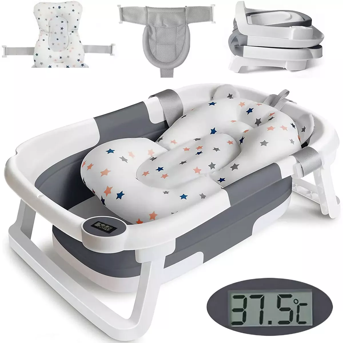 TOPCHANCES Collapsible Baby Bathtub with Thermometer, Newborn Baby Shower Tub with Baby Tub Cushion & Bath Net, Portable Baby Folding Bathtub for 0-12 Month Newborn, Grey
