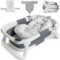 TOPCHANCES Collapsible Baby Bathtub with Thermometer, Newborn Baby Shower Tub with Baby Tub Cushion & Bath Net, Portable Baby Folding Bathtub for 0-36 Month Newborn, Grey