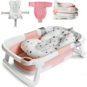 TOPCHANCES Collapsible Baby Bathtub with Thermometer,  Newborn Baby Shower Tub + Baby Tub Cushion + Bath Net, Portable Baby Folding Bathtub for 0-36 Month Newborn (Pink)